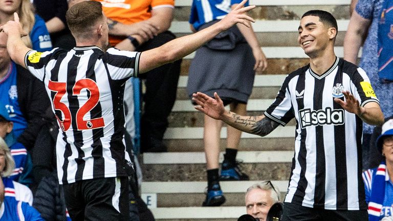 GLASGOW, SCOTLAND - JULY 18: Newcastle's Miguel Almiron (R) celebrates scoring to make it 1-0 during Allan McGregor's Testimonial match between Rangers and Newcastle United at Ibrox Stadium, on July 18, 2023, in Glasgow, Scotland. (Photo by Alan Harvey / SNS Group)