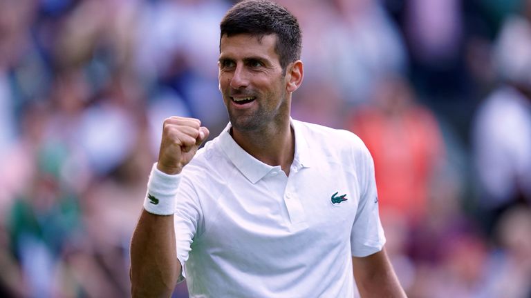 Novak Djokovic celebrates beating Jordan Thompson (not pictured) on day three of the 2023 Wimbledon Championships at the All England Lawn Tennis and Croquet Club in Wimbledon. Picture date: Wednesday July 5, 2023.
