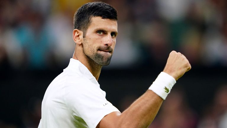 Novak Djokovic celebrates winning the opening set against Hubert Hurkacz on day seven of the 2023 Wimbledon Championships at the All England Lawn Tennis and Croquet Club in Wimbledon. Picture date: Sunday July 9, 2023.