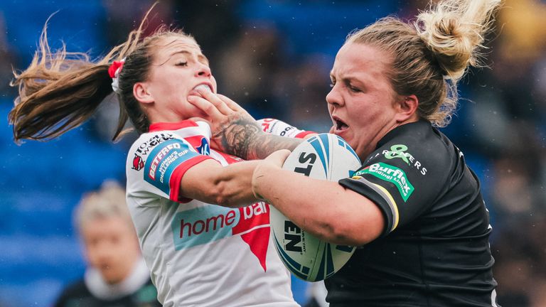 Picture by Alex Whitehead/SWpix.com - 22/07/2023 - Rugby League - Betfred Women's Challenge Cup Semi-Final - St Helens v York Valkyrie - Halliwell Jones Stadium, Warrington, England - York’s Rhiannion Marshall is tackled by St Helens’ Tara Jones