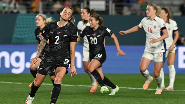 New Zealand's Ria Percival reacts after missing a penalty during the Women's World Cup soccer match between New Zealand and Norway in Auckland, New Zealand, Thursday, July 20, 2023. (AP Photo/Andrew Cornaga)