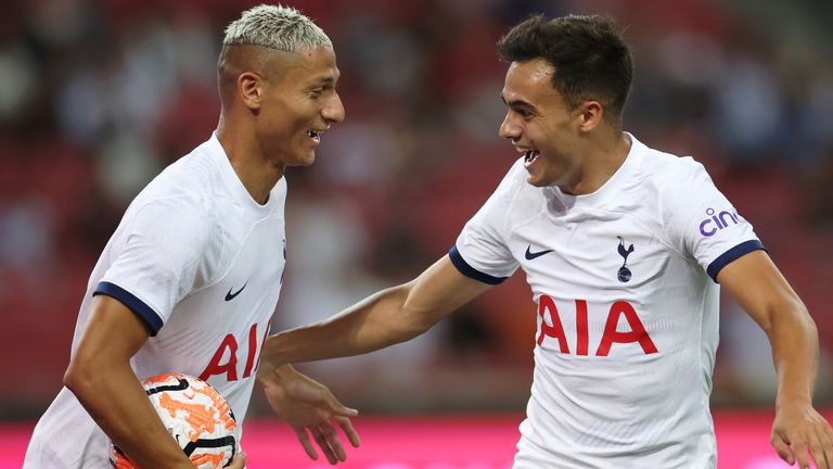 Richarlison celebrates with Sergio Reguilon after scoring for Tottenham in their pre-season friendly against Lion City Sailors.