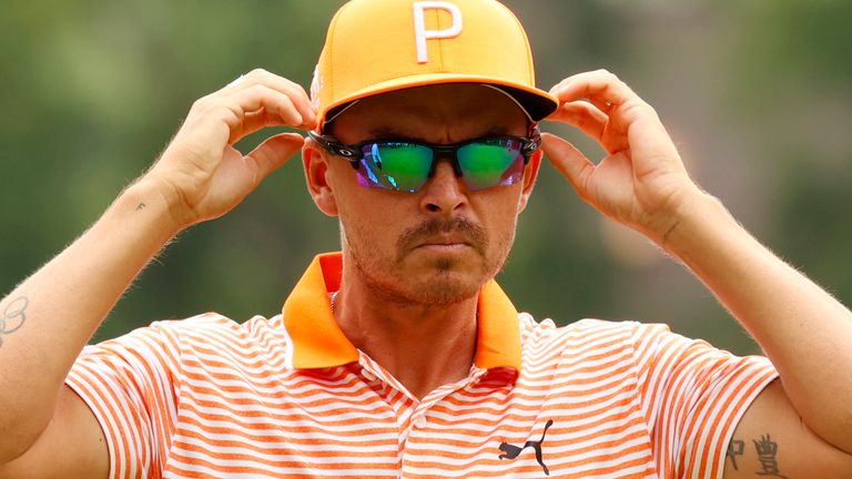DETROIT, MI - JULY 02: PGA golfer Rickie Fowler adjusts his sunglasses on the 8th hole on July 2, 2023, during the final round of the Rocket Mortgage Classic at the Detroit Golf Club in Detroit, Michigan. (Photo by Brian Spurlock/Icon Sportswire) (Icon Sportswire via AP Images)