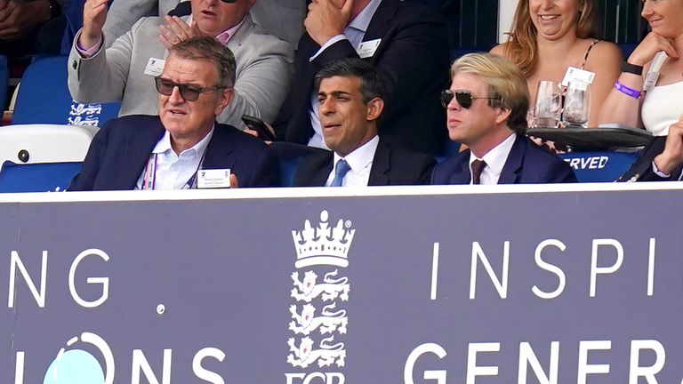 Prime Minister Rishi Sunak (bottom, centre) and England Women's Tamsin Beaumont watch from the box during day four of the second Ashes test match at Lord's, London. Picture date: Saturday July 1, 2023.