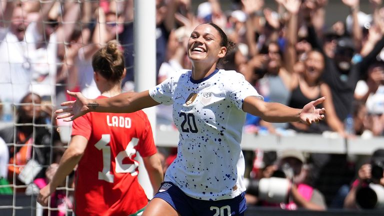 Trinity Rodman #20 of the United States celebrates scoring during the second half of an international friendly against Wales 