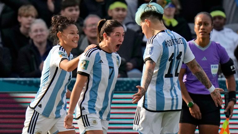 Argentina's Romina Nunez, center, celebrates scoring the equaliser 