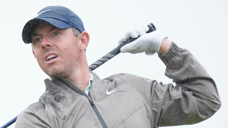 Northern Ireland's Rory McIlroy reacts to a bad shot off the 2nd tee during the final day of the British Open Golf Championships at the Royal Liverpool Golf Club in Hoylake, England, Sunday, July 23, 2023. (AP Photo/Jon Super)