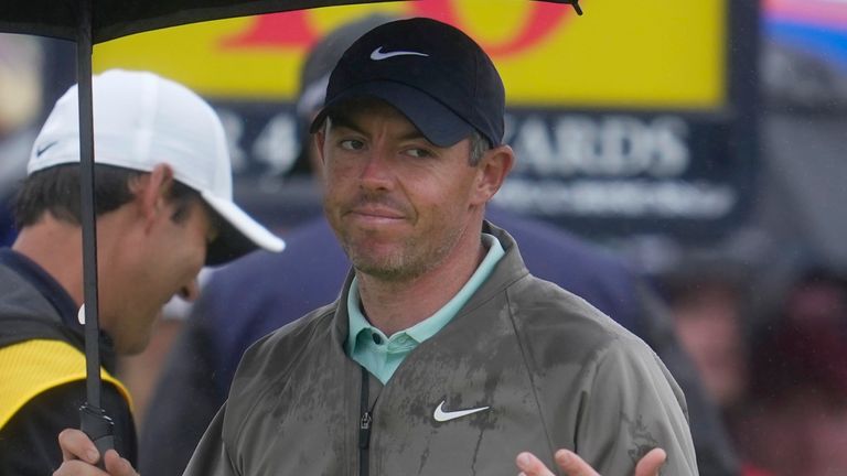 Northern Ireland's Rory McIlroy reacts on the 10th tee during the final day of the British Open Golf Championships at the Royal Liverpool Golf Club in Hoylake, England, Sunday, July 23, 2023. (AP Photo/Kin Cheung)