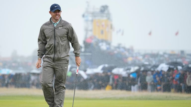 Northern Ireland's Rory McIlroy reacts after putting on the 1st green during the final day of the British Open Golf Championships at the Royal Liverpool Golf Club in Hoylake, England, Sunday, July 23, 2023. (AP Photo/Jon Super)