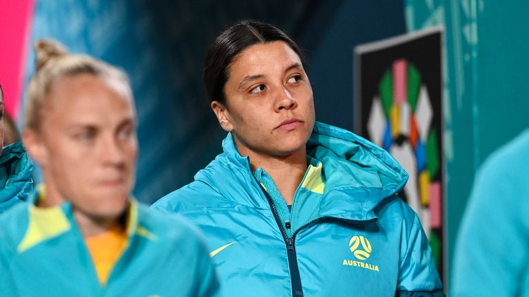 Sam Kerr was pictured ahead of Australia's World Cup opener with Ireland after she was ruled out with a calf injury