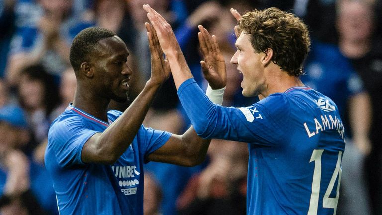 GLASGOW, SCOTLAND - JULY 18: Rangers' Sam Lammers (R) celebrates making it 1-1 with Abdallah Sima during Allan McGregor's Testimonial match between Rangers and Newcastle United at Ibrox Stadium, on July 18, 2023, in Glasgow, Scotland. (Photo by Alan Harvey / SNS Group)