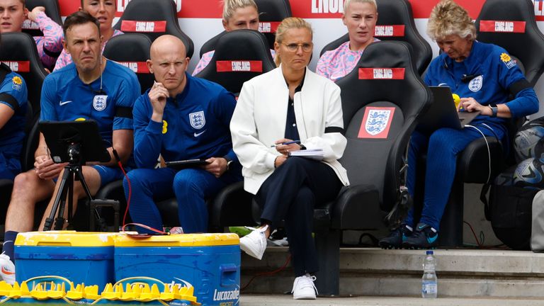 MILTON KEYNES, ENGLAND - JULY 01: Sarina Wiegman, England Manager on the bench during the Women&#39;s International Friendly match between England and Portugal at Stadium MK on July 01, 2023 in Milton Keynes, England. (Photo by Richard Sellers/Sportsphoto/Allstar via Getty Images) *** Local Caption ***Sarina Wiegman