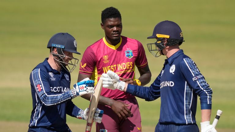 Scotland's Matthew Cross (L) and Brandon McMullen shared a partnership of 125 as their side stunned West Indies in the ICC Men's Cricket World Cup Qualifier in Harare (Associated Press)