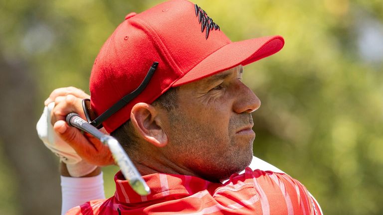 Captain Sergio Garcia of Fireballs GC hits his shot from the fifth tee during the final round of LIV Golf Andaluc..a at the Real Club Valderrama on Sunday, July 02, 2023 in San Roque, Spain. (Photo by LIV Golf via AP)