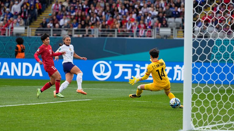 July 22 2023: Sophia Smith (USA) scores the teams first goal during a Group E - FIFA Women's World Cup Australia & New Zealand 2023 game, USA vs Vietnam, at Eden Park, Auckland, New Zealand. Kim Price/CSM (Credit Image: .. Kim Price/Cal Sport Media) (Cal Sport Media via AP Images)
