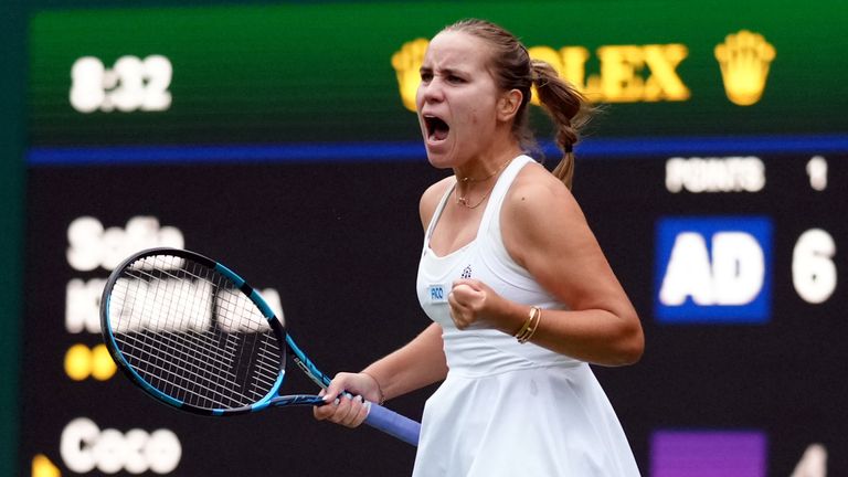 Sofia Kenin celebrates victory over Coco Gauff on day one of the 2023 Wimbledon Championships at the All England Lawn Tennis and Croquet Club in Wimbledon. Picture date: Monday July 3, 2023.