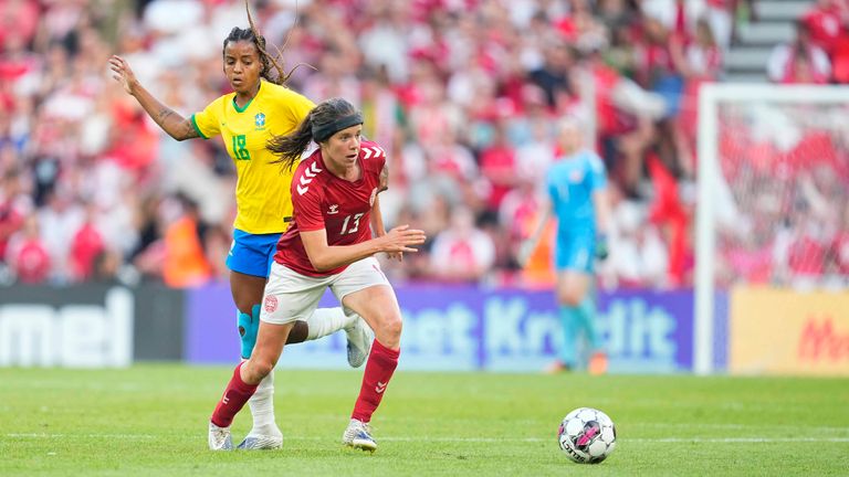 June 24, 2022: Sofie Junge Pedersen of Denmark during Denmark Women v Brazil Women, Pre Women's EURO 2022 Friendly at Parken Stadium, Copenhagen, Denmark. Ulrik Pedersen/CSM. (Credit Image: .. Ulrik Pedersen/CSM via ZUMA Press Wire) (Cal Sport Media via AP Images)