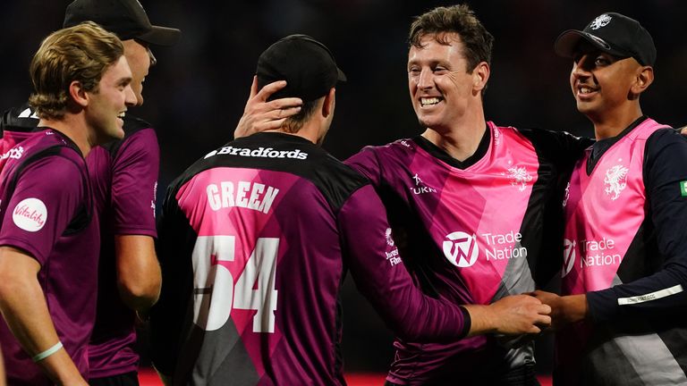 Somerset celebrate beating Essex by 14 runs in the 2023 Vitality Blast final