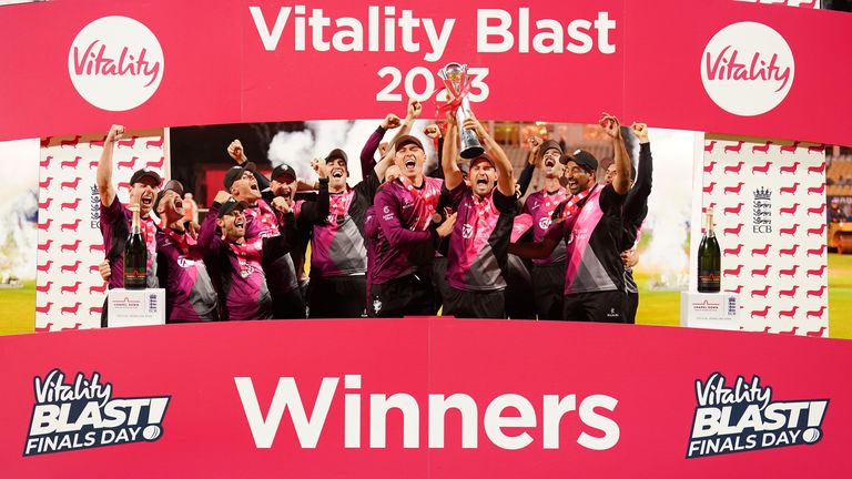 Somerset lift the 2023 Vitality Blast trophy after beating Essex in the final