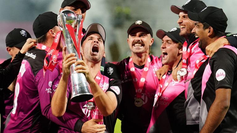 Somerset captain Lewis Gregory lifts the Vitality Blast trophy after his side beat Essex in the final