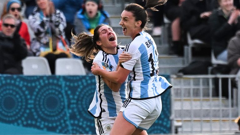 Argentina's Sophia Braun, right, celebrates with a team-mate after scoring