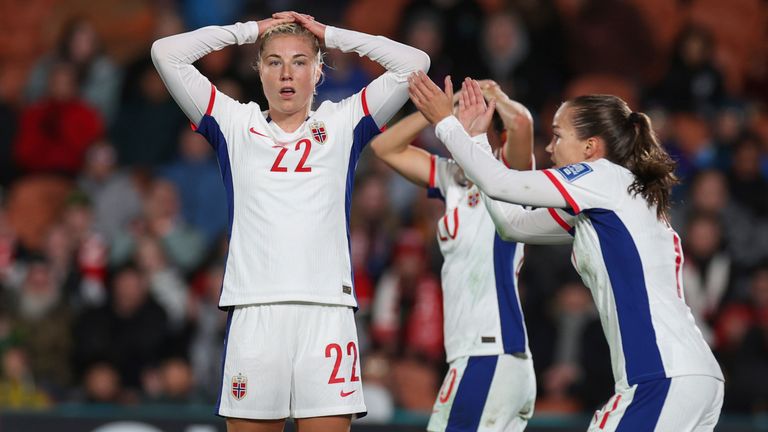 Norway's Sophie Roman Haug, center, reacts to a missed chance