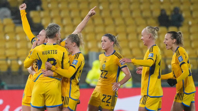 Sweden celebrate after scoring their second goal during the Women's World Cup Group G soccer match between Sweden and South Africa in Wellington, New Zealand, Sunday, July 23, 2023. (AP Photo/John Cowpland)