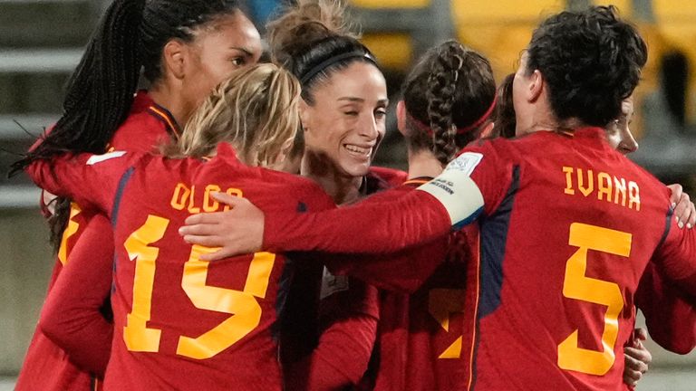 Spain celebrate their first goal during the Women's World Cup Group C soccer match between Spain and Costa Rica in Wellington, New Zealand, Friday, July 21, 2023. (AP Photo/John Cowpland )