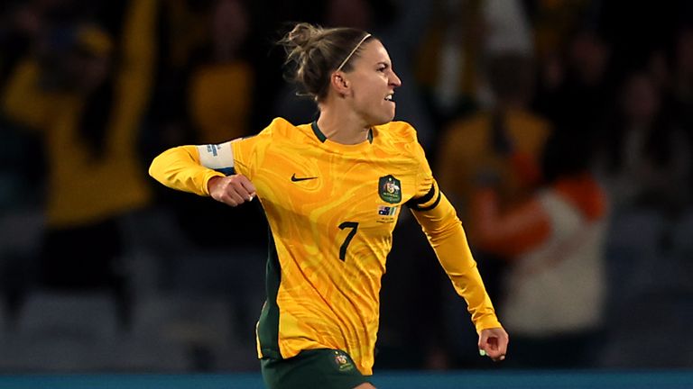 Australia's Steph Catley celebrates scoring against Republic of Ireland in the Women's World Cup
