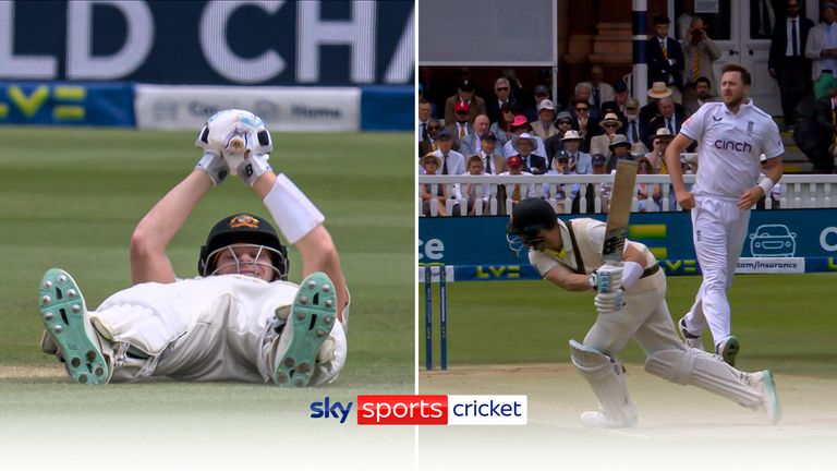 Steve Smith fell over after a bizarre attempt at a 'tennis shot' against Ollie Robinson.