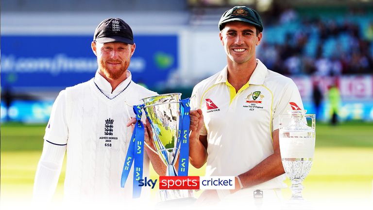 England captain Ben Stokes and Australia captain Pat Cummins with the shared trophy