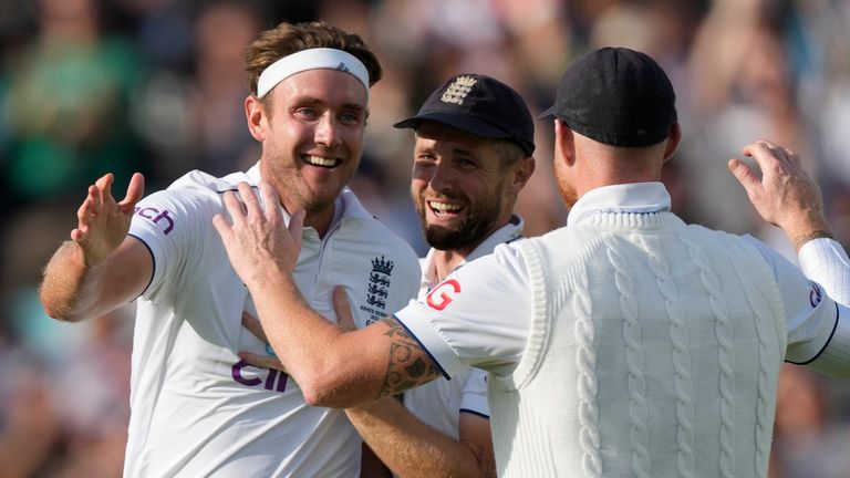 England's Stuart Broad celebrates bowling out Australia on day five of the fifth Ashes Test match between England and Australia, at The Oval cricket ground in London, Monday, July 31, 2023. (AP Photo/Kirsty Wigglesworth)