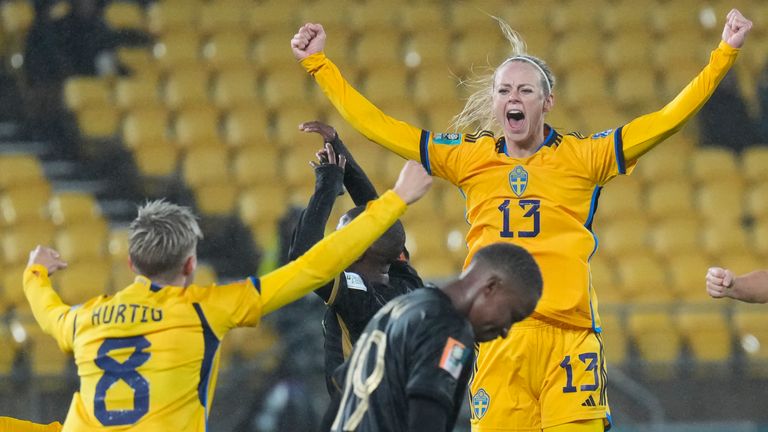 Sweden's Amanda Ilestedt reacts after scoring her team's second goal during the Women's World Cup Group G soccer match between Sweden and South Africa in Wellington, New Zealand, Sunday, July 23, 2023. (AP Photo/John Cowpland)