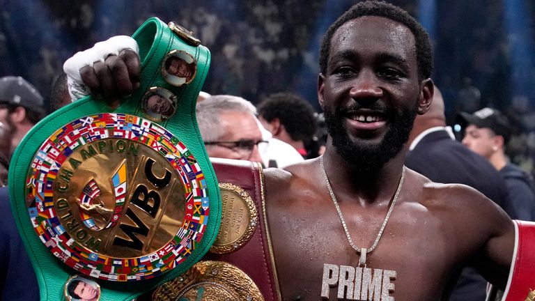 Terence Crawford celebrates his defeat of Errol Spence Jr. after their undisputed welterweight championship boxing match, Saturday, July 29, 2023, in Las Vegas. (AP Photo/John Locher)
