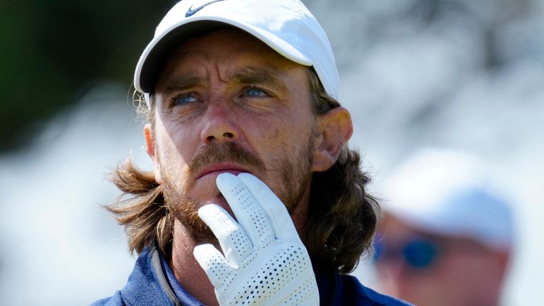 England's Tommy Fleetwood wait to play the 18th tee on the first day of the British Open Golf Championships at the Royal Liverpool Golf Club in Hoylake, England, Thursday, July 20, 2023. (AP Photo/Jon Super)