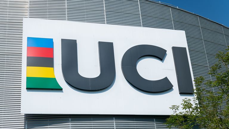 AIGLE, SWITZERLAND - MAY 14: A view of the Union Cycliste Internationale (UCI) giant logo on the wall of UCI general headquarters on May 14, 2022 in Aigle, Switzerland. (Photo by RvS.Media/Basile Barbey/Getty Images)