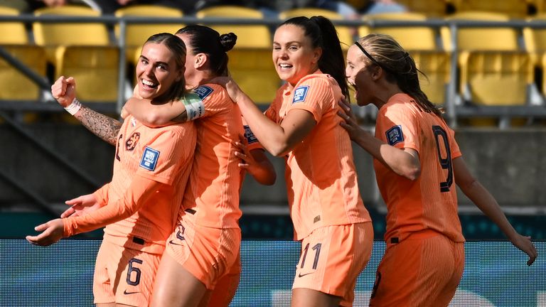 Netherlands' Jill Roord (far left) is congratulated by team-mates after scoring