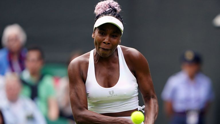 Venus Williams in action against Elina Svitolina (not pictured) on day one of the 2023 Wimbledon Championships at the All England Lawn Tennis and Croquet Club in Wimbledon. Picture date: Monday July 3, 2023.