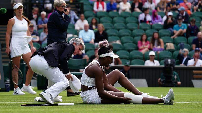Venus Williams takes a fall during her match against Elina Svitolina on day one of the 2023 Wimbledon Championships at the All England Lawn Tennis and Croquet Club in Wimbledon. Picture date: Monday July 3, 2023.