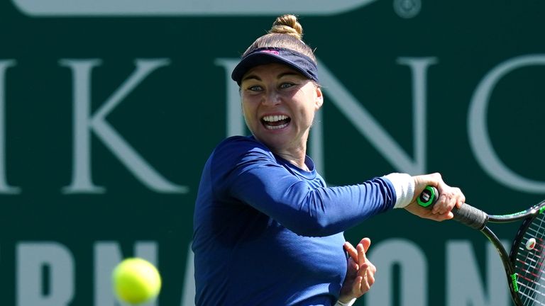 Vera Zvonareva in action against Kristina Mladenovic during day two of the Viking International at Devonshire Park, Eastbourne. Picture date: Sunday June 20, 2021.