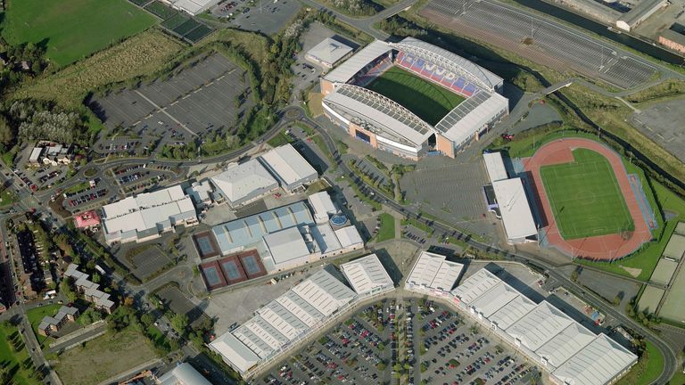 WIGAN, UK - OCTOBER 2007: An Aerial image of DW Stadium, Wigan (Photo by Blom UK via Getty Images)