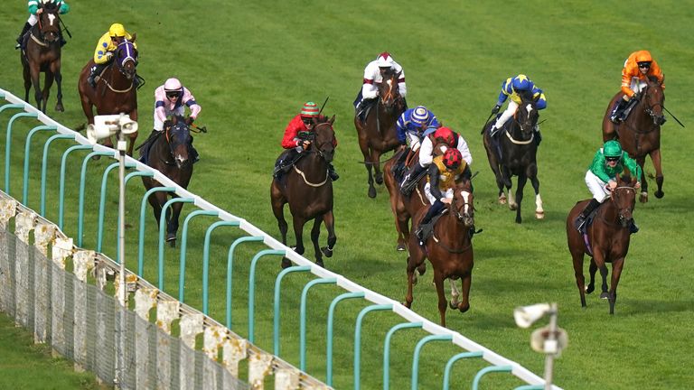 Wisper (gold and red) wins at Brighton in October 2021