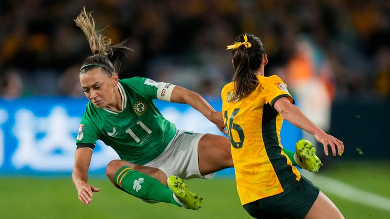 Ireland's Katie McCabe battles for the ball with Australia's Hayley Raso