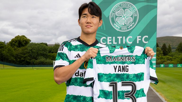 LENNOXTOWN, SCOTLAND - JULY 24: Celtic unveil the signing of Hyunjun Yang at the Lenoxtown Training Centre, on July 24, 2023, in Lennoxtown, Scotland. (Photo by Ross MacDonald / SNS Group)
