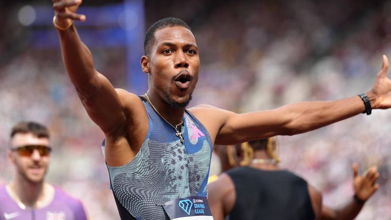 Zharnel Hughes of Great Britain after finishing third and setting a new British record in the Men's 200m at the London Stadium