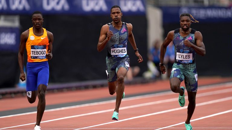 Left to right: Letsile Tebogo of Botswana, Zharnel Hughes of Great Britain and Noah Lyles of the USA in the Men's 200m during the Diamond League meeting at the London Stadium