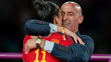 President of the RFEF Luis Rubiales embraces Spain's Jenni Hermoso shortly before footage shows him kissing her on the lips (Photo by Noe Llamas/SPP/Shutterstock)