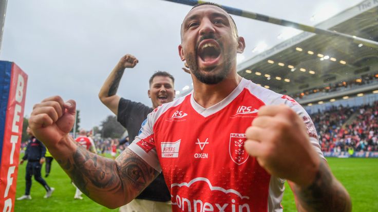 Picture by Olly Hassell/SWpix.com - 23/07/2023 - Rugby League - Betfred Challenge Cup Semi Final - Hull KR v Wigan Warriors - Headingley Stadium, Leeds, England - Hull KR...s Elliot Minchella celebrating his sides victory over Wigan