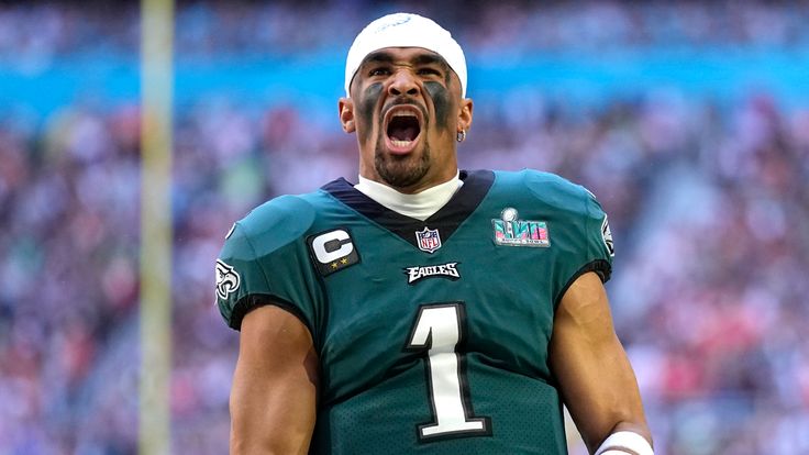 Philadelphia Eagles quarterback Jalen Hurts (1) cheers before the start of the NFL Super Bowl 57 football game between the Kansas City Chiefs and the Philadelphia Eagles, Sunday, Feb. 12, 2023, in Glendale, Ariz. (AP Photo/Abbie Parr)