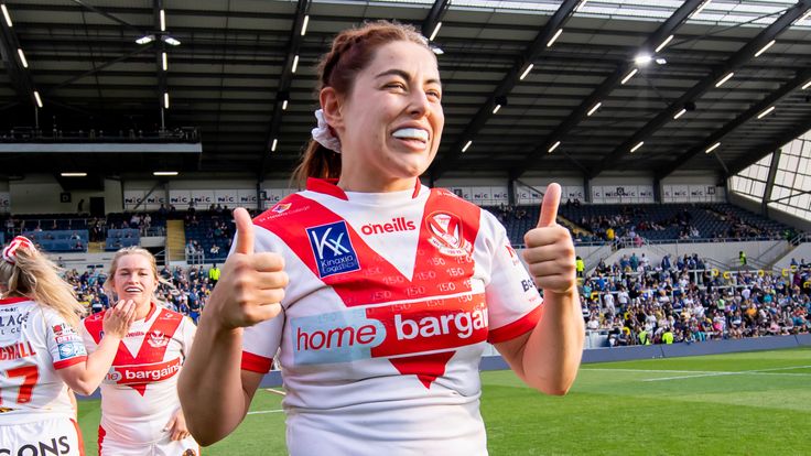 Picture by Allan McKenzie/SWpix.com - 26/05/2023 - Rugby League - Betfred Women's Super League - Leeds Rhinos v St Helens - Headingley Stadium, Leeds, England - St Helens's Emily Rudge celebrates victory over Leeds.